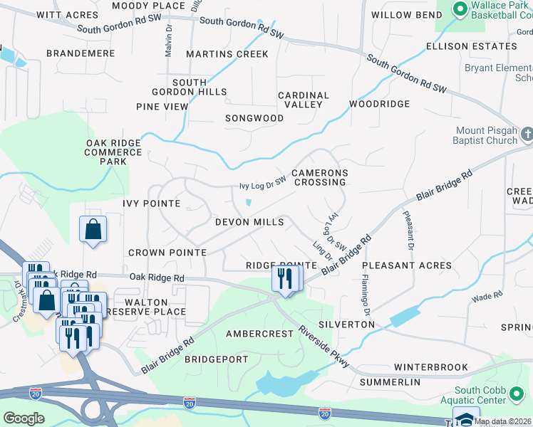 map of restaurants, bars, coffee shops, grocery stores, and more near 1464 Devon Mill Way in Austell