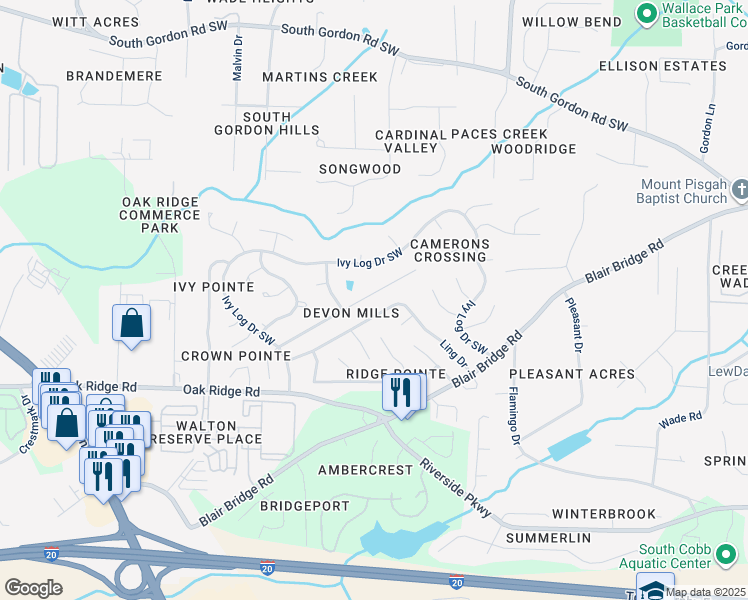 map of restaurants, bars, coffee shops, grocery stores, and more near 1464 Devon Mill Way in Austell