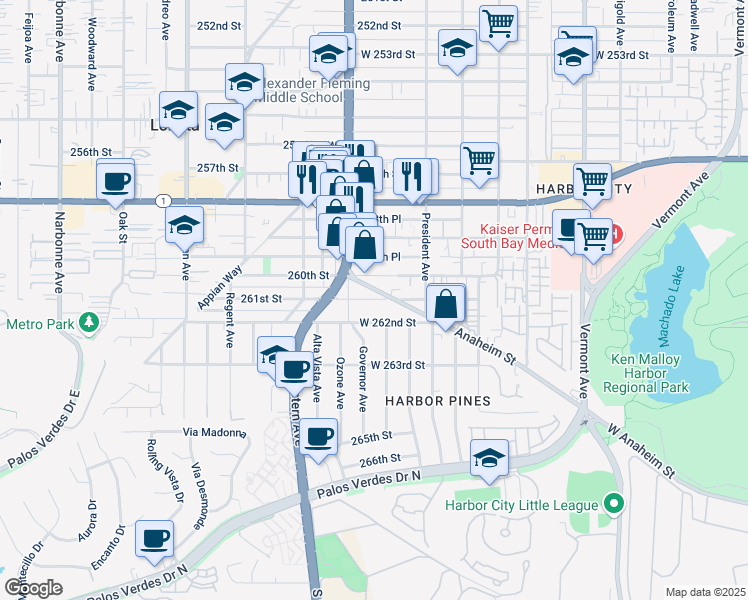 map of restaurants, bars, coffee shops, grocery stores, and more near 1666 West 261st Street in Los Angeles