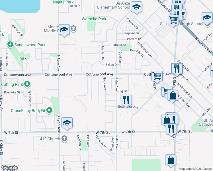 map of restaurants, bars, coffee shops, grocery stores, and more near 225 Noga Avenue in San Jacinto
