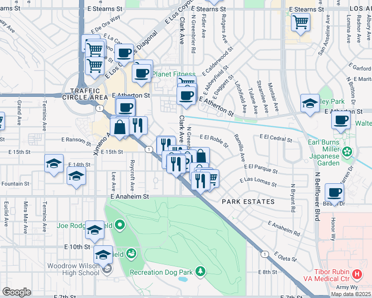 map of restaurants, bars, coffee shops, grocery stores, and more near 1471 North Greenbrier Road in Long Beach