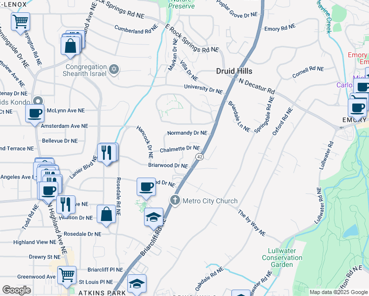 map of restaurants, bars, coffee shops, grocery stores, and more near Chalmette Drive Northeast in Atlanta