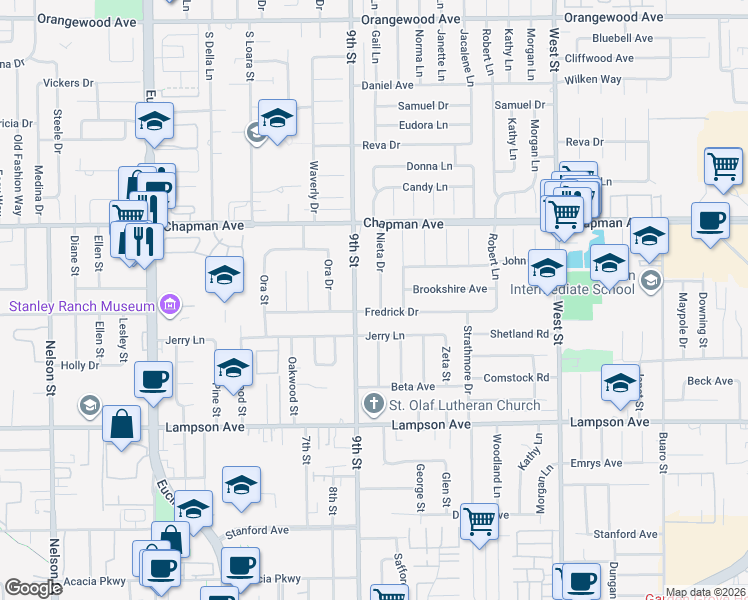 map of restaurants, bars, coffee shops, grocery stores, and more near 12181 Nieta Drive in Garden Grove