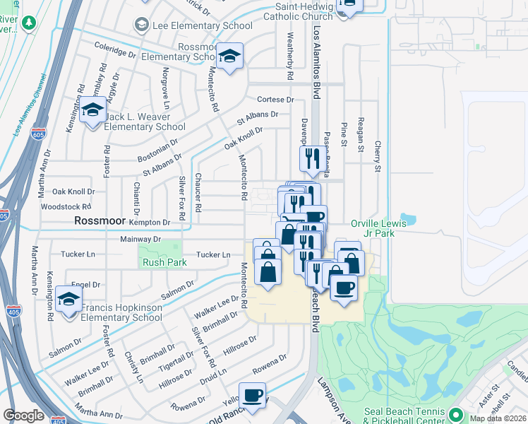 map of restaurants, bars, coffee shops, grocery stores, and more near 12100 Montecito Road in Los Alamitos