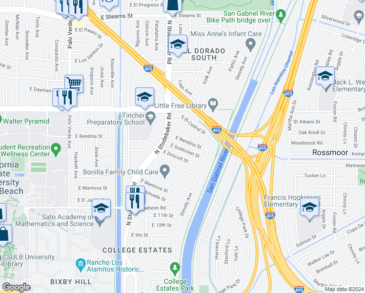 map of restaurants, bars, coffee shops, grocery stores, and more near 6945 E Goldcrest St in Long Beach