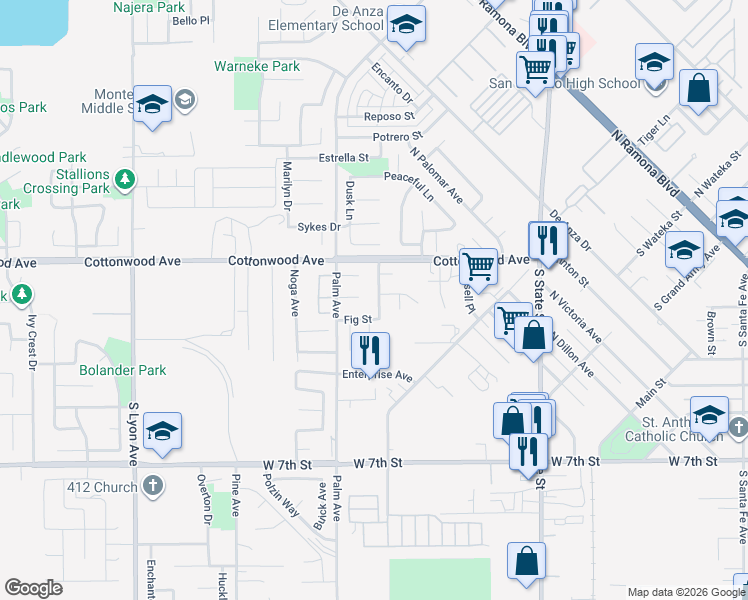 map of restaurants, bars, coffee shops, grocery stores, and more near 228 East Sage Avenue in San Jacinto