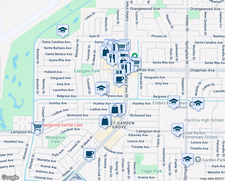 map of restaurants, bars, coffee shops, grocery stores, and more near 12149 Stonegate Lane in Garden Grove