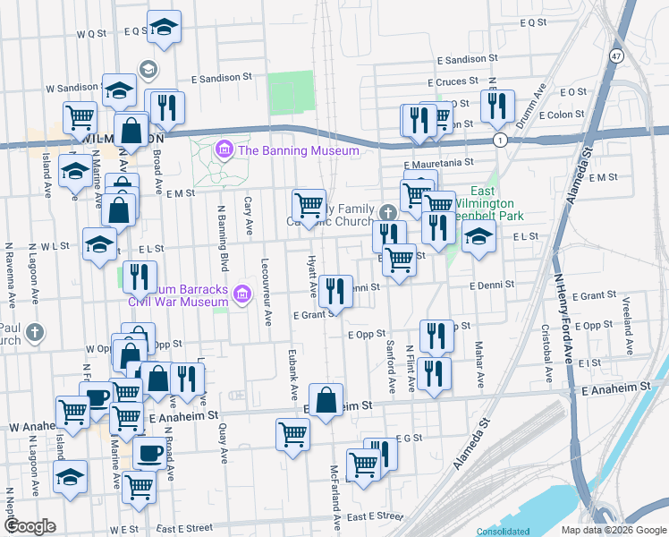 map of restaurants, bars, coffee shops, grocery stores, and more near 1127 McFarland Avenue in Los Angeles