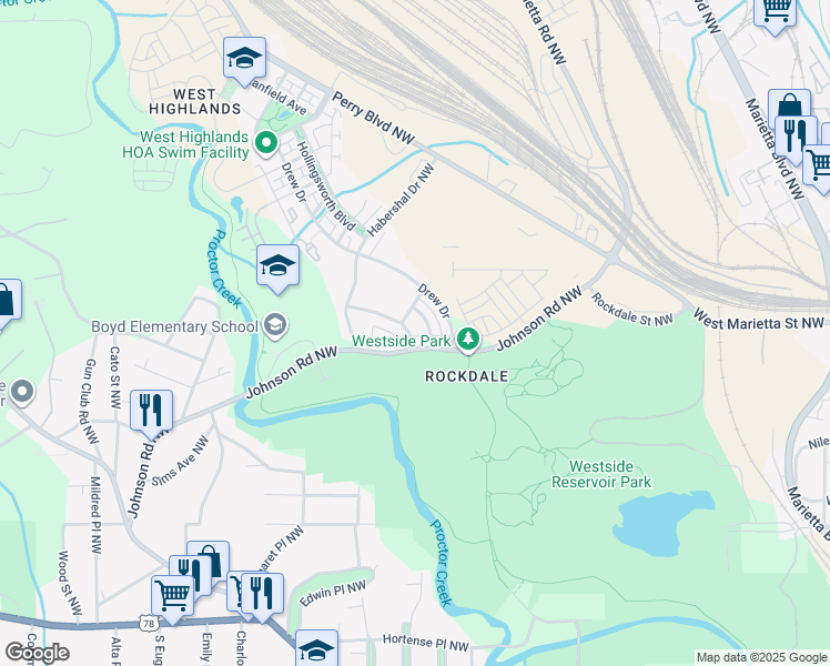 map of restaurants, bars, coffee shops, grocery stores, and more near 1510 Craftsman Road Northwest in Atlanta