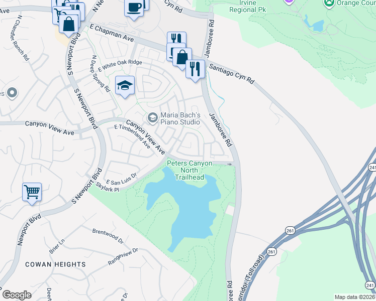 map of restaurants, bars, coffee shops, grocery stores, and more near 260 South Firenza Way in Orange