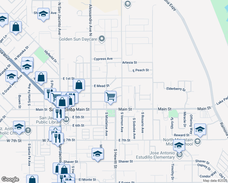 map of restaurants, bars, coffee shops, grocery stores, and more near 548 East 2nd Street in San Jacinto
