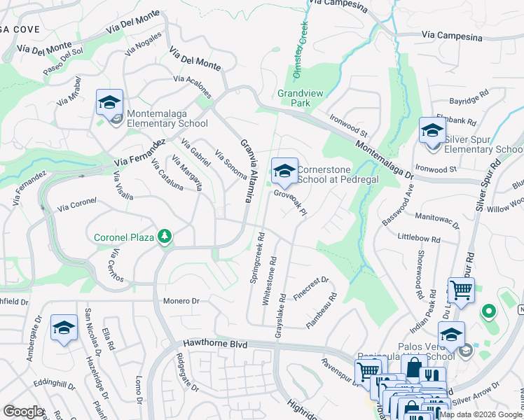 map of restaurants, bars, coffee shops, grocery stores, and more near 26837 Springcreek Road in Rancho Palos Verdes