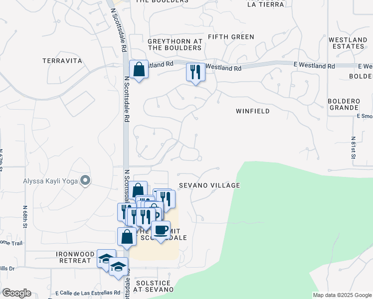 map of restaurants, bars, coffee shops, grocery stores, and more near 7423 East Sunset Sky Circle in Scottsdale