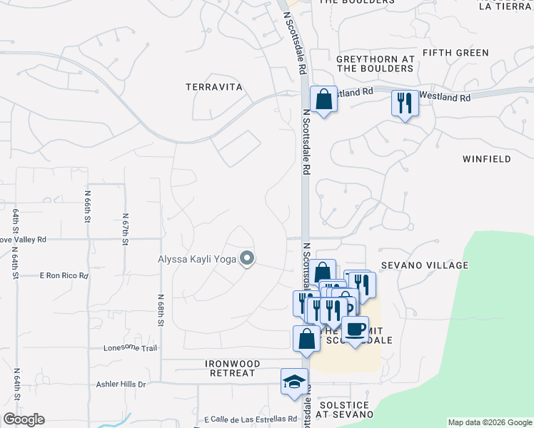 map of restaurants, bars, coffee shops, grocery stores, and more near 33160 North 71st Street in Scottsdale