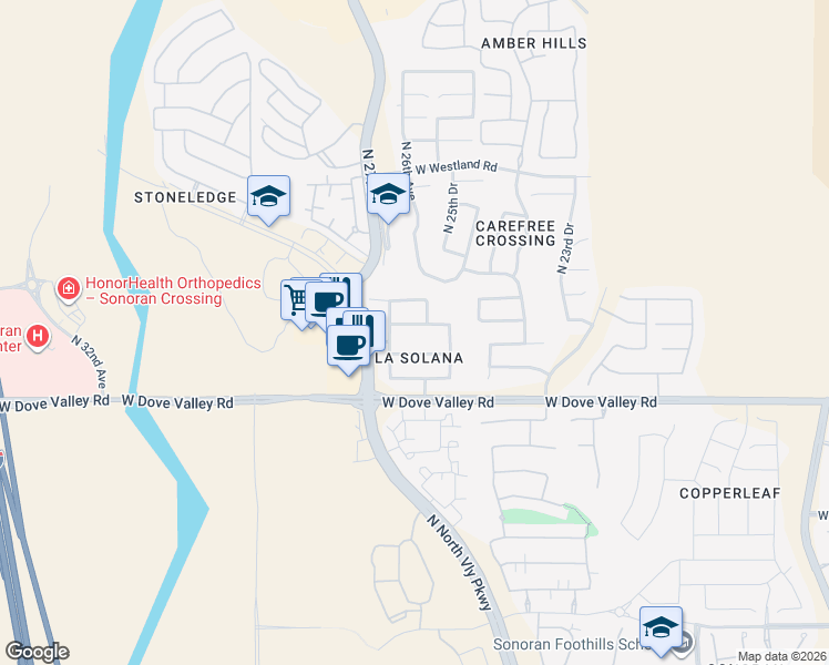 map of restaurants, bars, coffee shops, grocery stores, and more near 2617 West Rabjohn Road in Phoenix