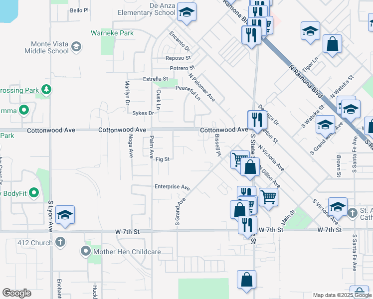 map of restaurants, bars, coffee shops, grocery stores, and more near 225 Maple Court in San Jacinto