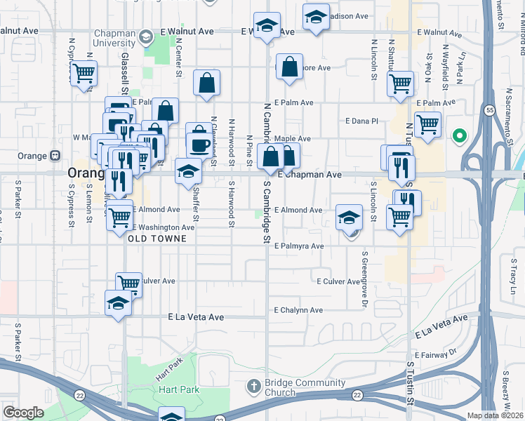 map of restaurants, bars, coffee shops, grocery stores, and more near 837 East Almond Avenue in Orange