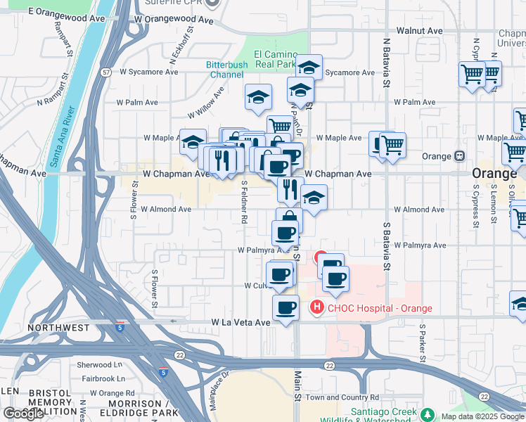 map of restaurants, bars, coffee shops, grocery stores, and more near 1614 West Almond Avenue in Orange