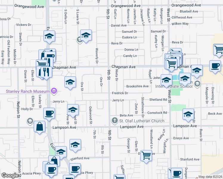 map of restaurants, bars, coffee shops, grocery stores, and more near 12181 Nieta Drive in Garden Grove
