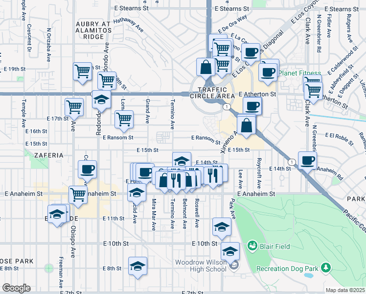 map of restaurants, bars, coffee shops, grocery stores, and more near 4109 East 15th Street in Long Beach