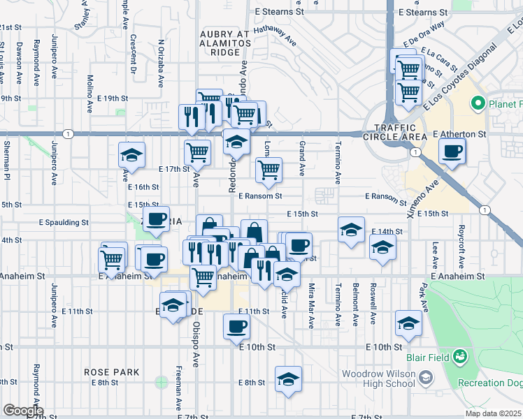map of restaurants, bars, coffee shops, grocery stores, and more near 1509 Loma Avenue in Long Beach