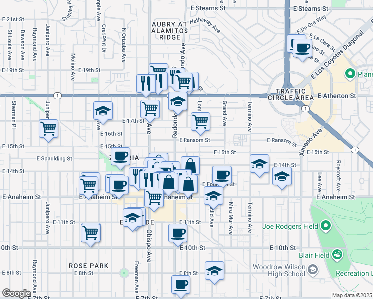 map of restaurants, bars, coffee shops, grocery stores, and more near 3403 East 15th Street in Long Beach