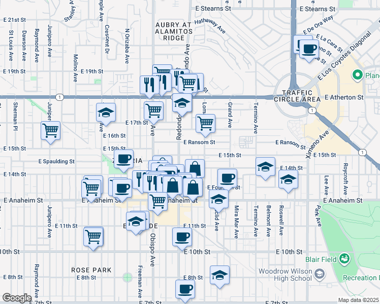 map of restaurants, bars, coffee shops, grocery stores, and more near 3403 East 15th Street in Long Beach