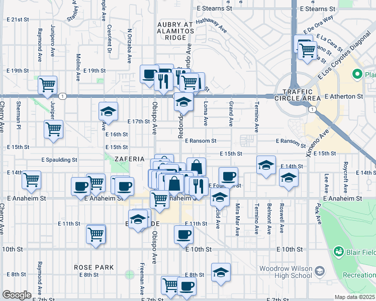 map of restaurants, bars, coffee shops, grocery stores, and more near 3403 East 15th Street in Long Beach