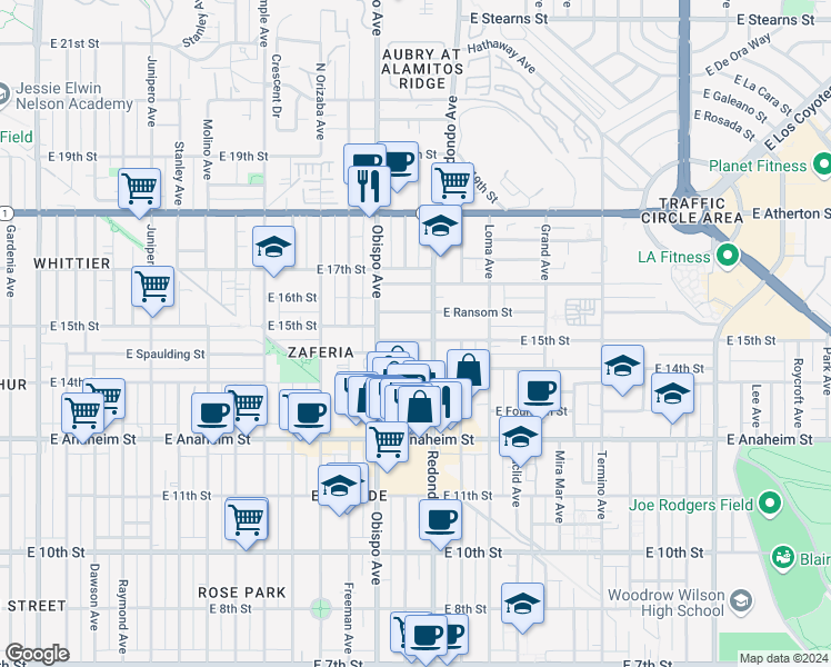 map of restaurants, bars, coffee shops, grocery stores, and more near 3249 East 15th Street in Long Beach