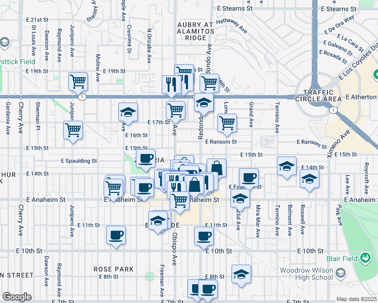 map of restaurants, bars, coffee shops, grocery stores, and more near 3249 East 15th Street in Long Beach