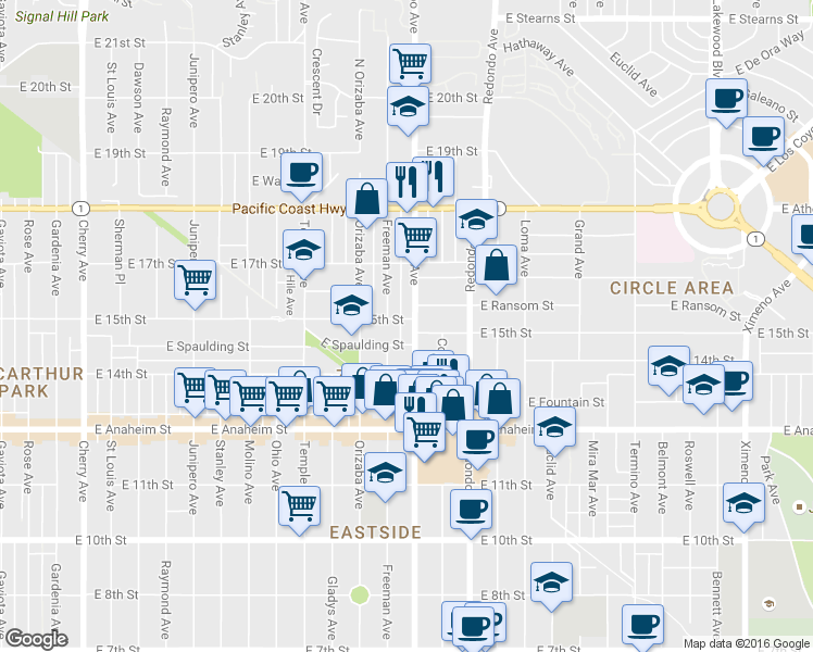 map of restaurants, bars, coffee shops, grocery stores, and more near 1485 Obispo Avenue in Long Beach