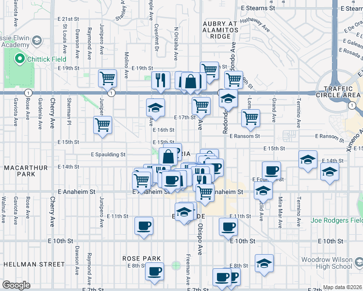 map of restaurants, bars, coffee shops, grocery stores, and more near 3022 East 15th Street in Long Beach