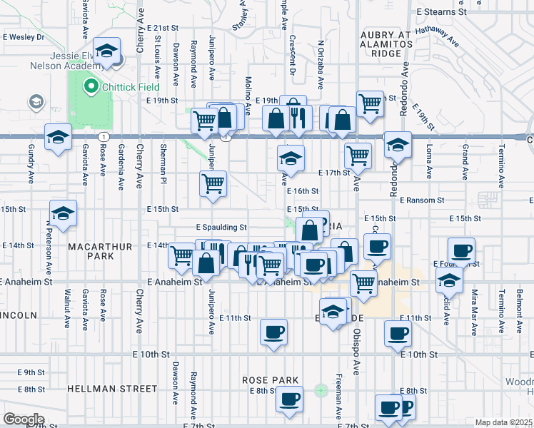 map of restaurants, bars, coffee shops, grocery stores, and more near in Long Beach