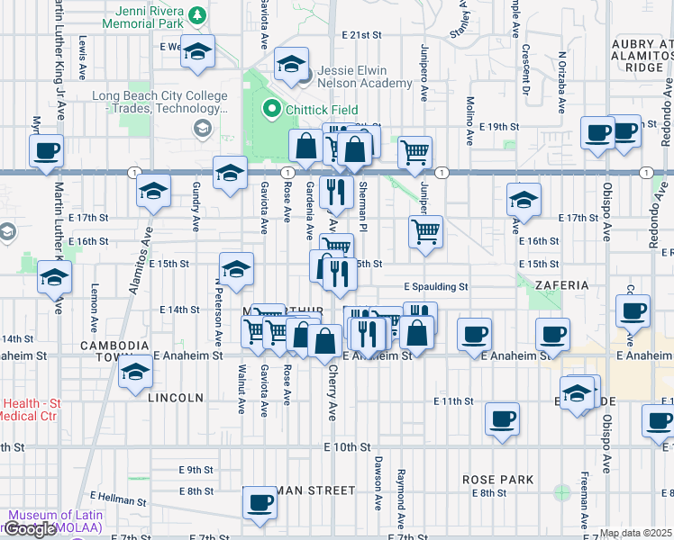 map of restaurants, bars, coffee shops, grocery stores, and more near 2024 East 15th Street in Long Beach