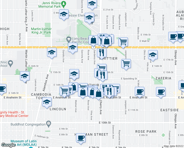 map of restaurants, bars, coffee shops, grocery stores, and more near 1478 Gardenia Avenue in Long Beach