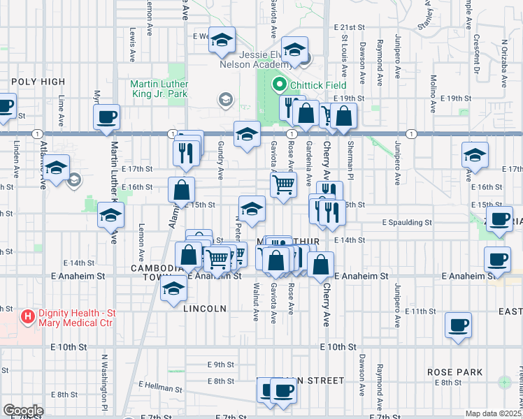 map of restaurants, bars, coffee shops, grocery stores, and more near in Long Beach
