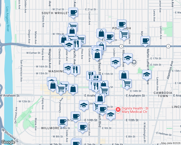 map of restaurants, bars, coffee shops, grocery stores, and more near 1532 Locust Avenue in Long Beach