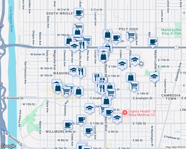map of restaurants, bars, coffee shops, grocery stores, and more near 1532 Locust Avenue in Long Beach