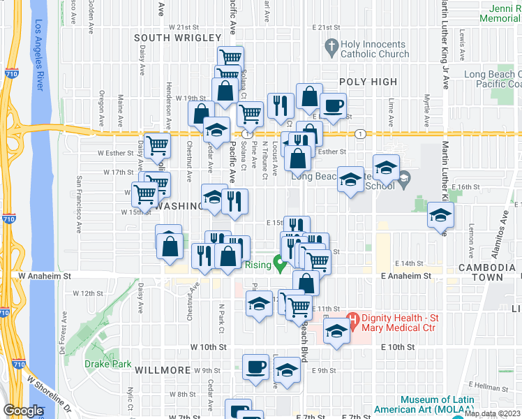 map of restaurants, bars, coffee shops, grocery stores, and more near 1537 Pine Avenue in Long Beach