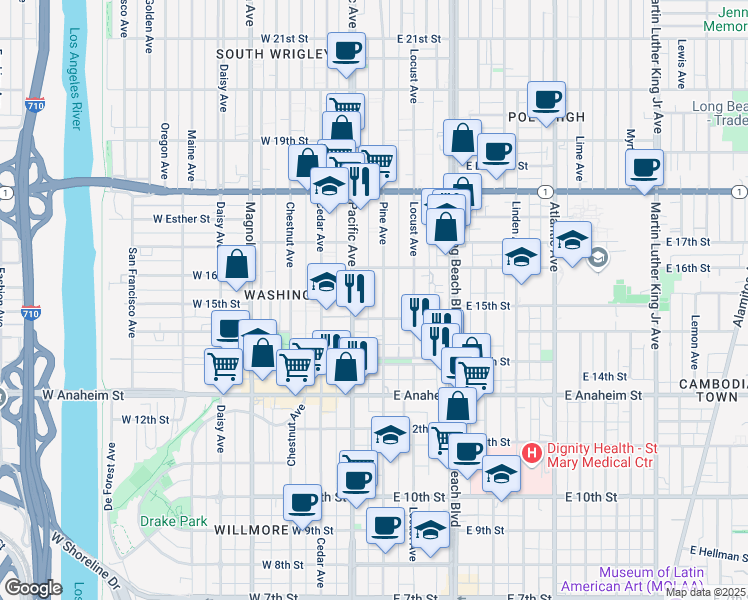 map of restaurants, bars, coffee shops, grocery stores, and more near 1537 Pine Avenue in Long Beach