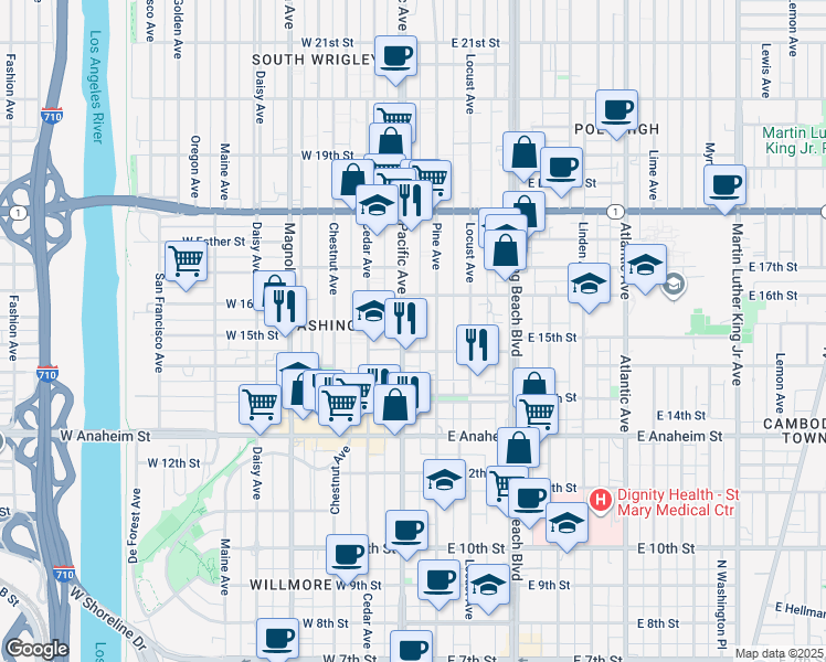 map of restaurants, bars, coffee shops, grocery stores, and more near 1538 Pacific Avenue in Long Beach