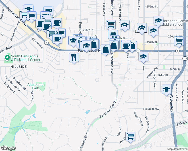 map of restaurants, bars, coffee shops, grocery stores, and more near 26039 Cypress Street in Lomita