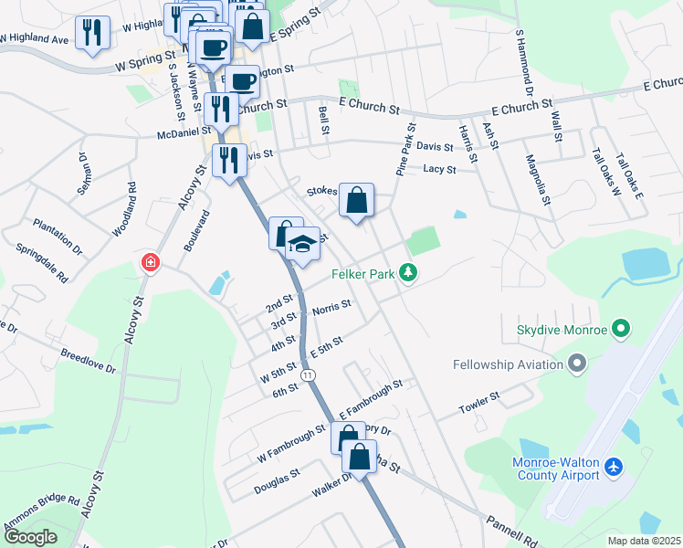 map of restaurants, bars, coffee shops, grocery stores, and more near 700 Radford Street in Monroe