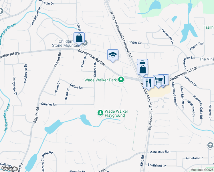 map of restaurants, bars, coffee shops, grocery stores, and more near 432 Rock Meadow Drive in Stone Mountain