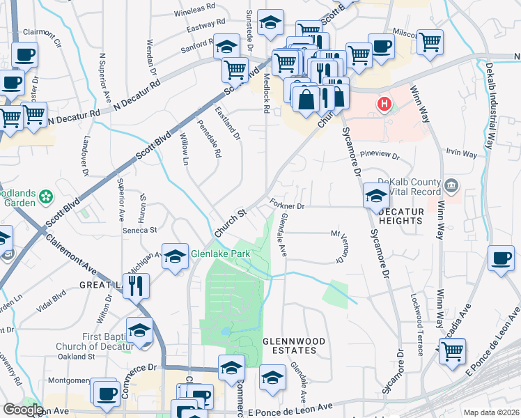map of restaurants, bars, coffee shops, grocery stores, and more near 230 Knob Hills Circle in Decatur