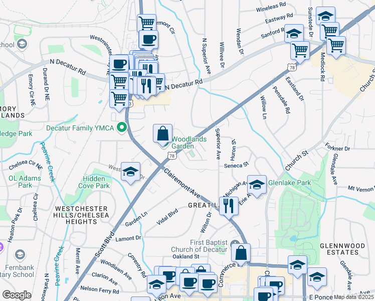 map of restaurants, bars, coffee shops, grocery stores, and more near 25 High Gate Trail in Decatur
