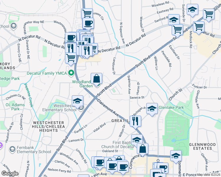 map of restaurants, bars, coffee shops, grocery stores, and more near 29 High Gate Trail in Decatur