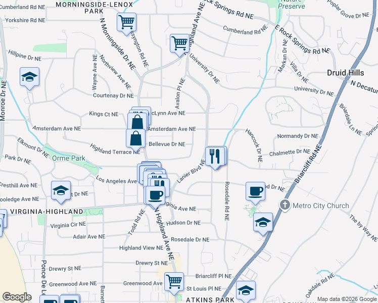 map of restaurants, bars, coffee shops, grocery stores, and more near in Atlanta