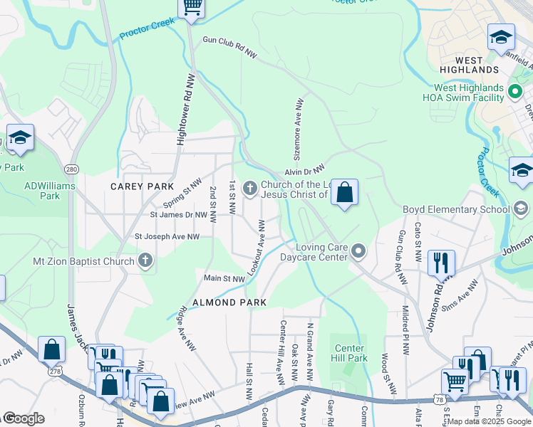 map of restaurants, bars, coffee shops, grocery stores, and more near 1139 Lookout Avenue Northwest in Atlanta