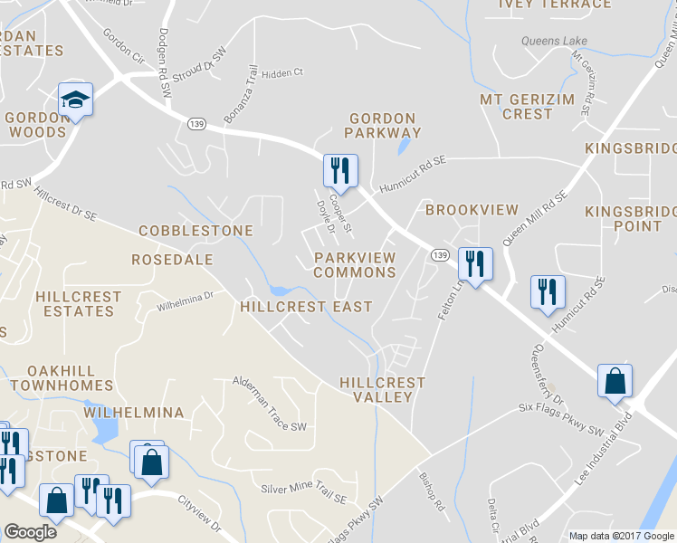 map of restaurants, bars, coffee shops, grocery stores, and more near 6975 Gallant Circle Southeast in Mableton